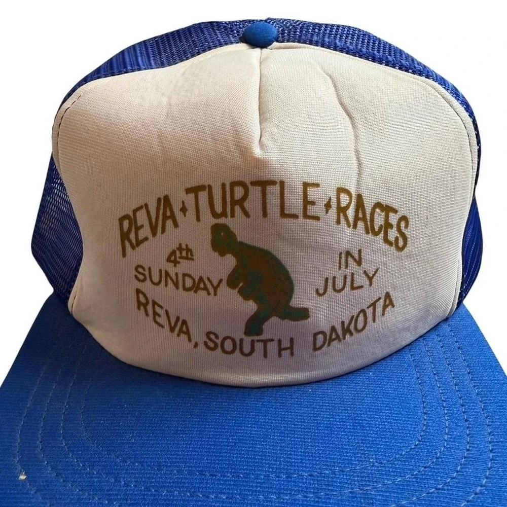 Vintage Reva South Dakota Turtle Races Snap-Tab USA Mesh Trucker Hat Cap Blue
